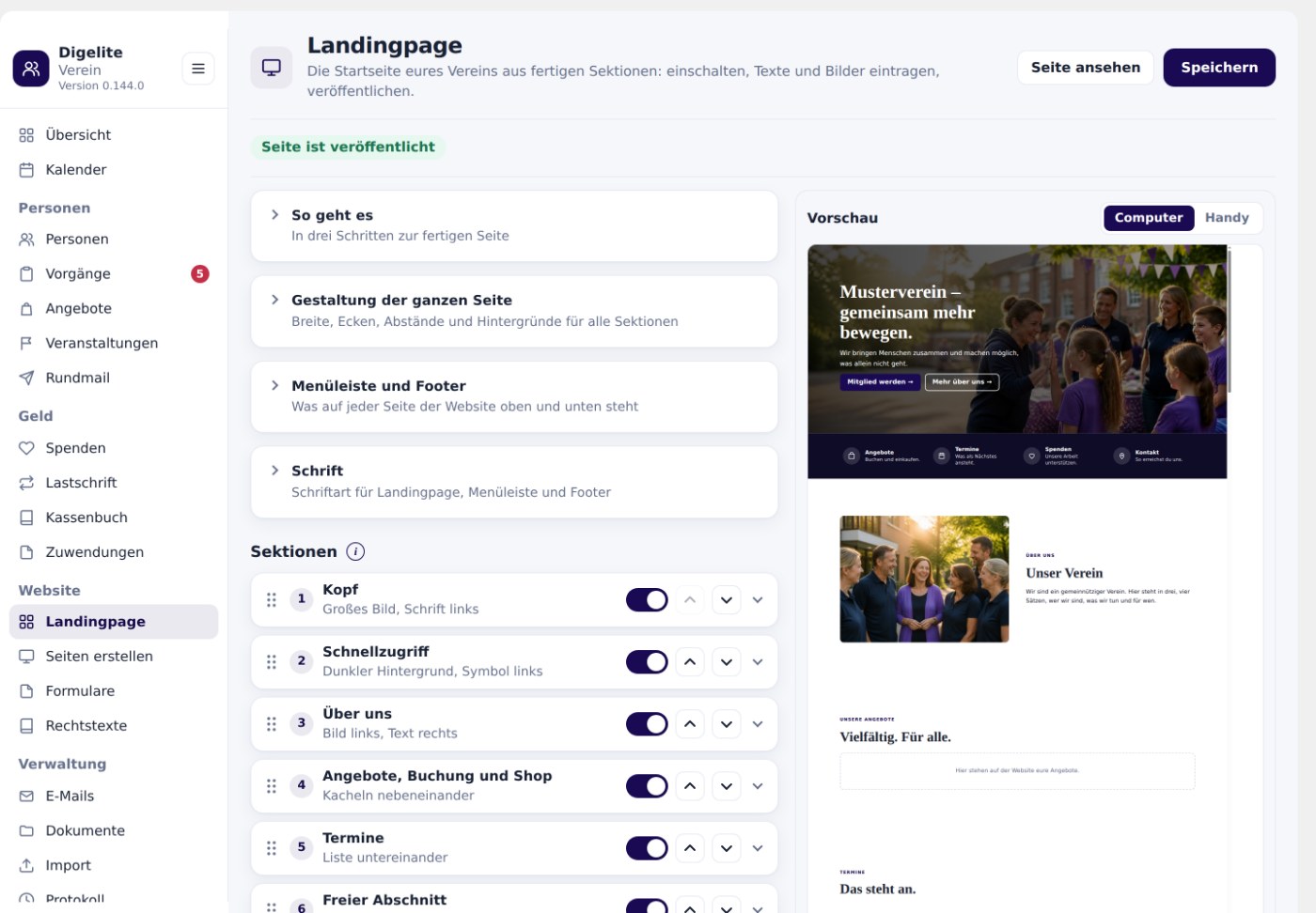 Seite Landingpage: links die Karten zur Gestaltung und die Liste der Sektionen mit Schaltern und Pfeilen, rechts die Vorschau