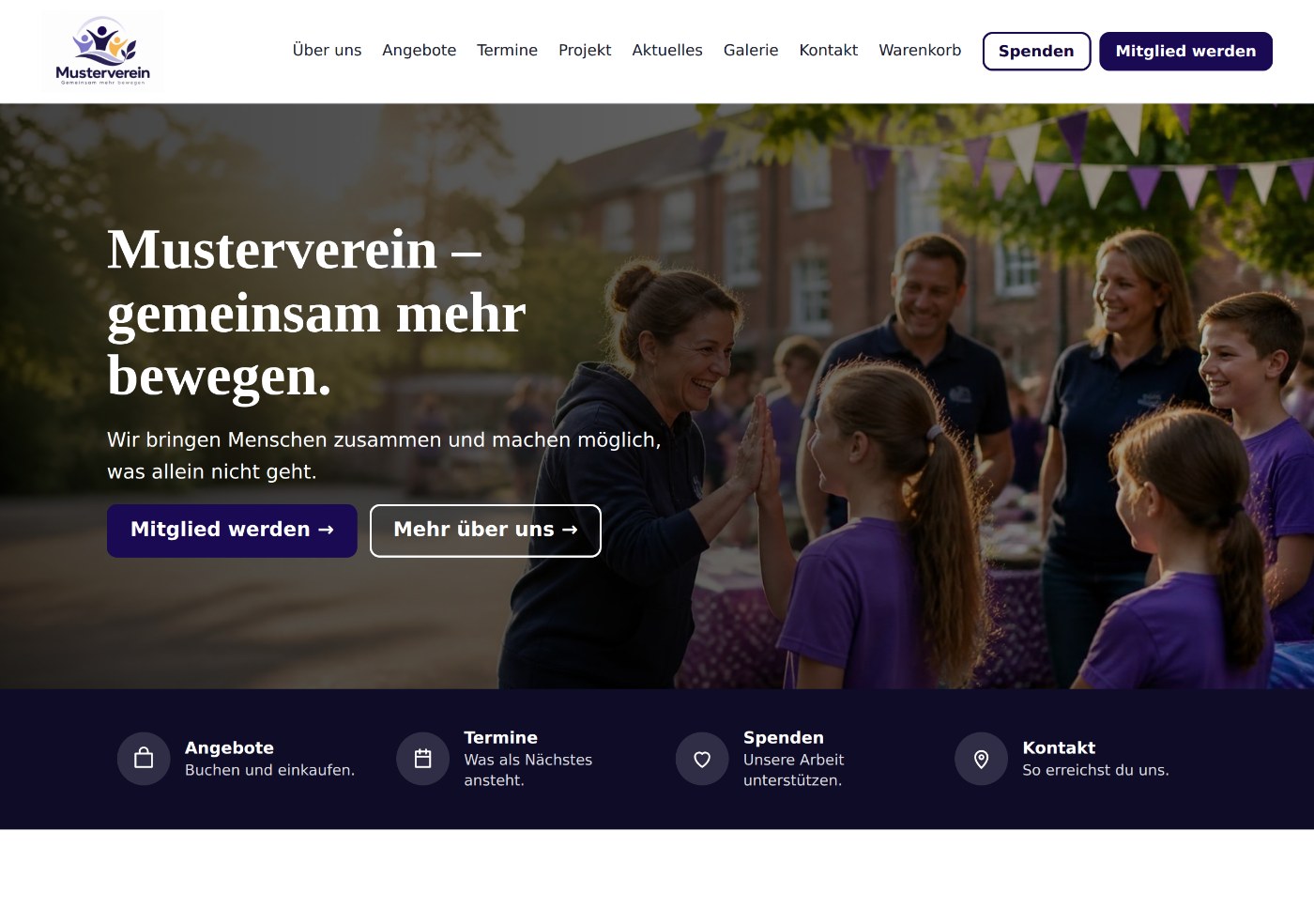 Startseite des Mustervereins mit Menüleiste, großem Titelbild, zwei Knöpfen und dem Schnellzugriff darunter