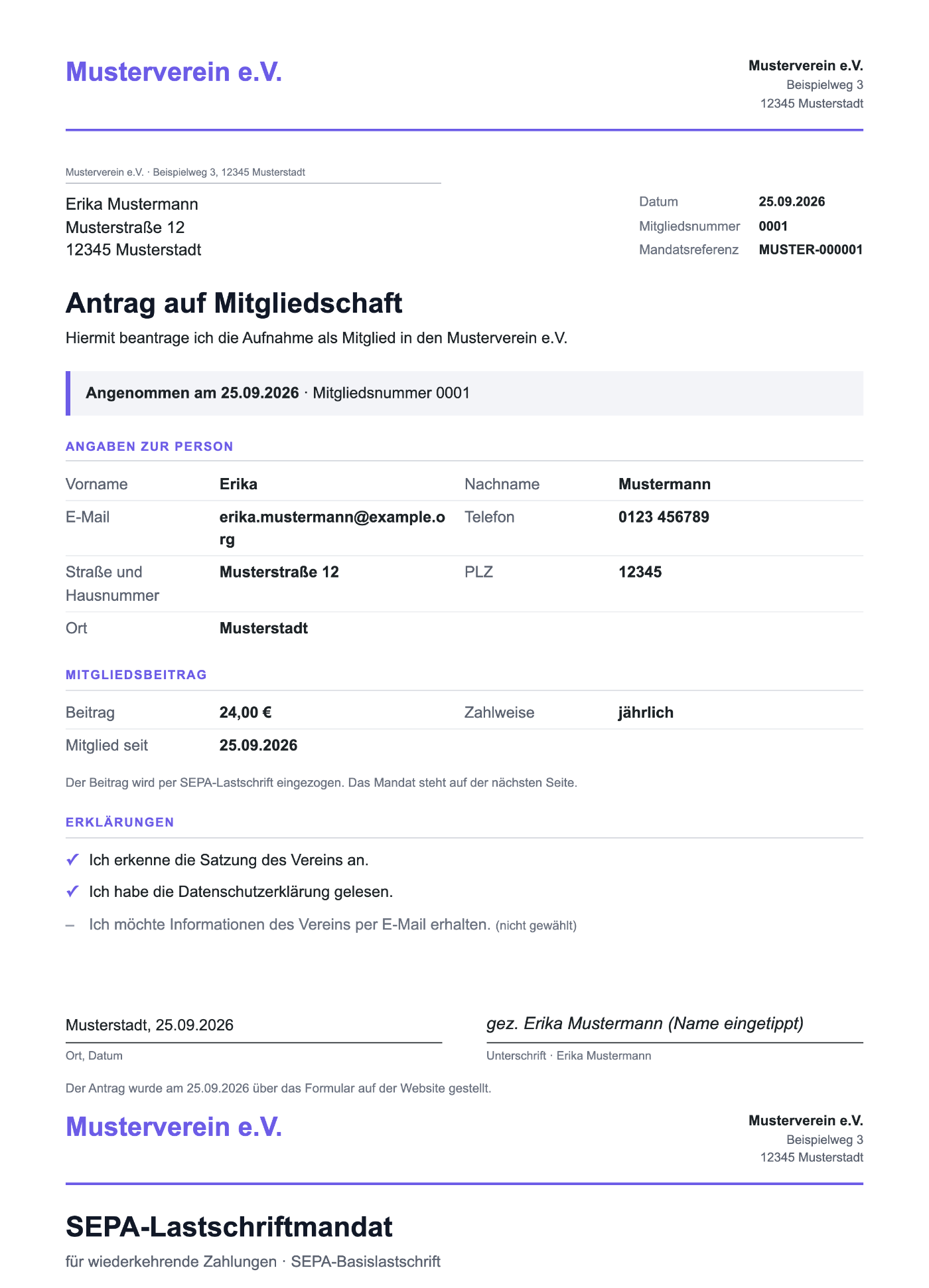 Mitgliedsantrag als PDF auf dem Briefpapier des Vereins