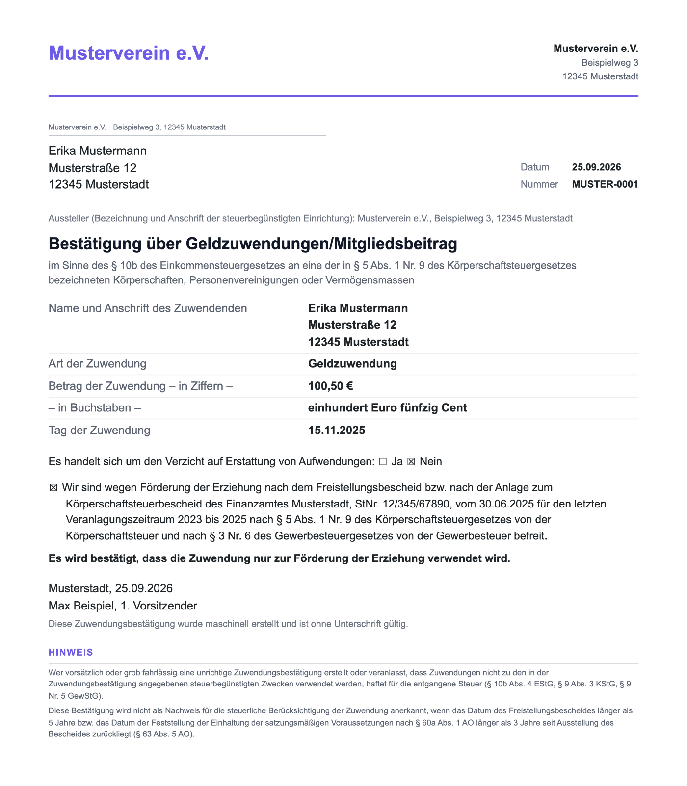 Muster einer Zuwendungsbestätigung als PDF