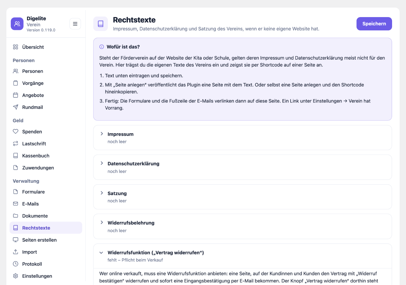 Seite Rechtstexte mit den Karten für Impressum, Datenschutz und Satzung