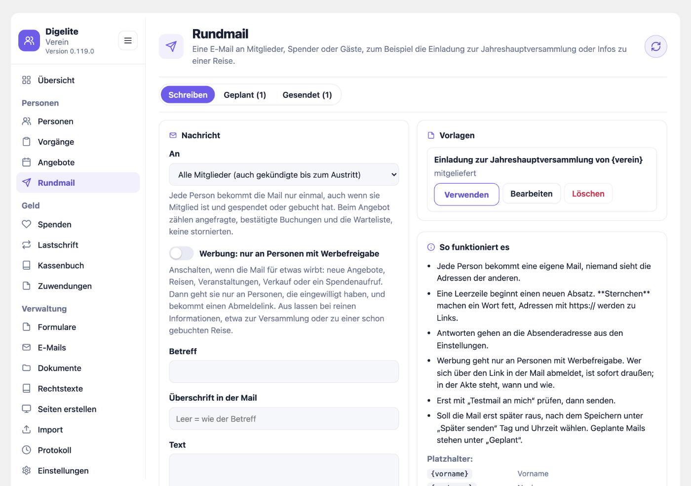 Rundmail schreiben mit Empfängergruppe, Schalter Werbung, Vorlagen und So funktioniert es