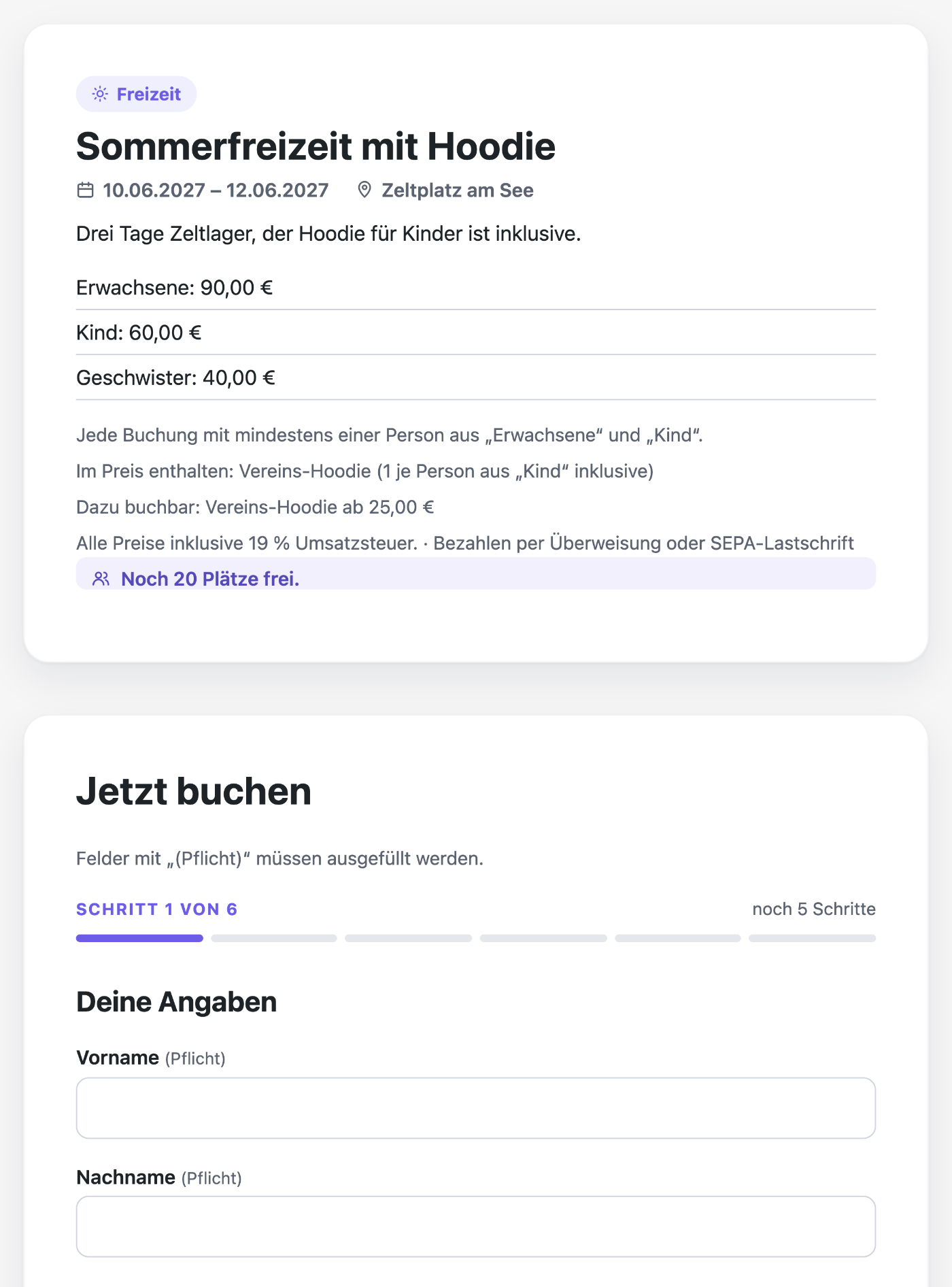 Eine Sommerfreizeit auf der Website mit Preisen, inklusiven und buchbaren Extras und freien Plätzen, darunter Jetzt buchen, Schritt 1 von 6