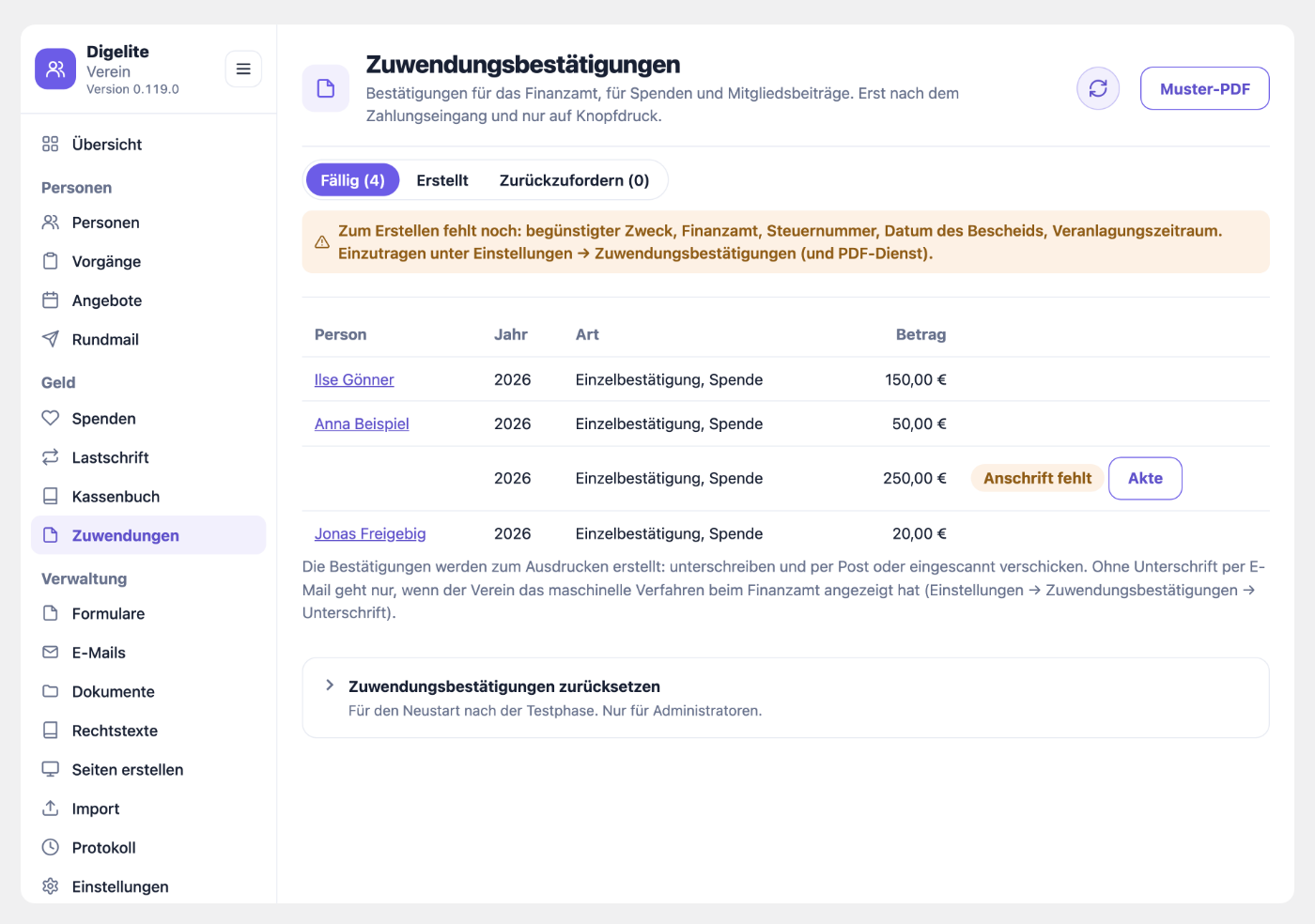 Seite Zuwendungsbestätigungen mit fälligen Bestätigungen und einem Hinweis auf fehlende Angaben